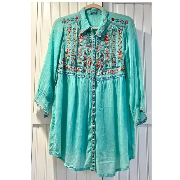 Gorgeous Johnny Was Floral Embroidered Blouse ~ Tiffany Blue ~ Boho Chic - Picture 5 of 14